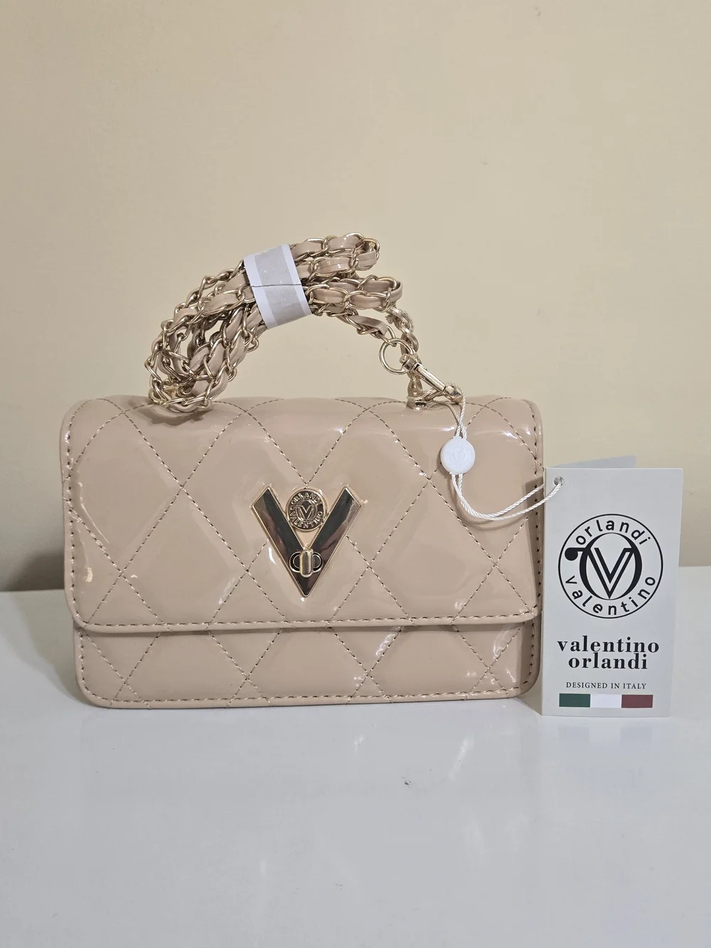 Valentino Orlandi Quilted Patent Vegan Leather Shoulder Bag in Nude - Picture 2 of 12